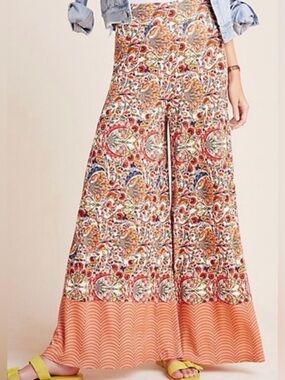 Anthropologie FARM Rio Amie Floral Wide Leg Knit Pants Size M Boho Palazzo